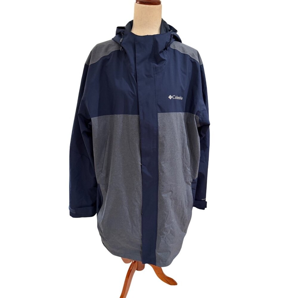 Columbia Omni-Tech Rain Jacket Mens Large Navy Blue Grey Hooded Shell WM1282